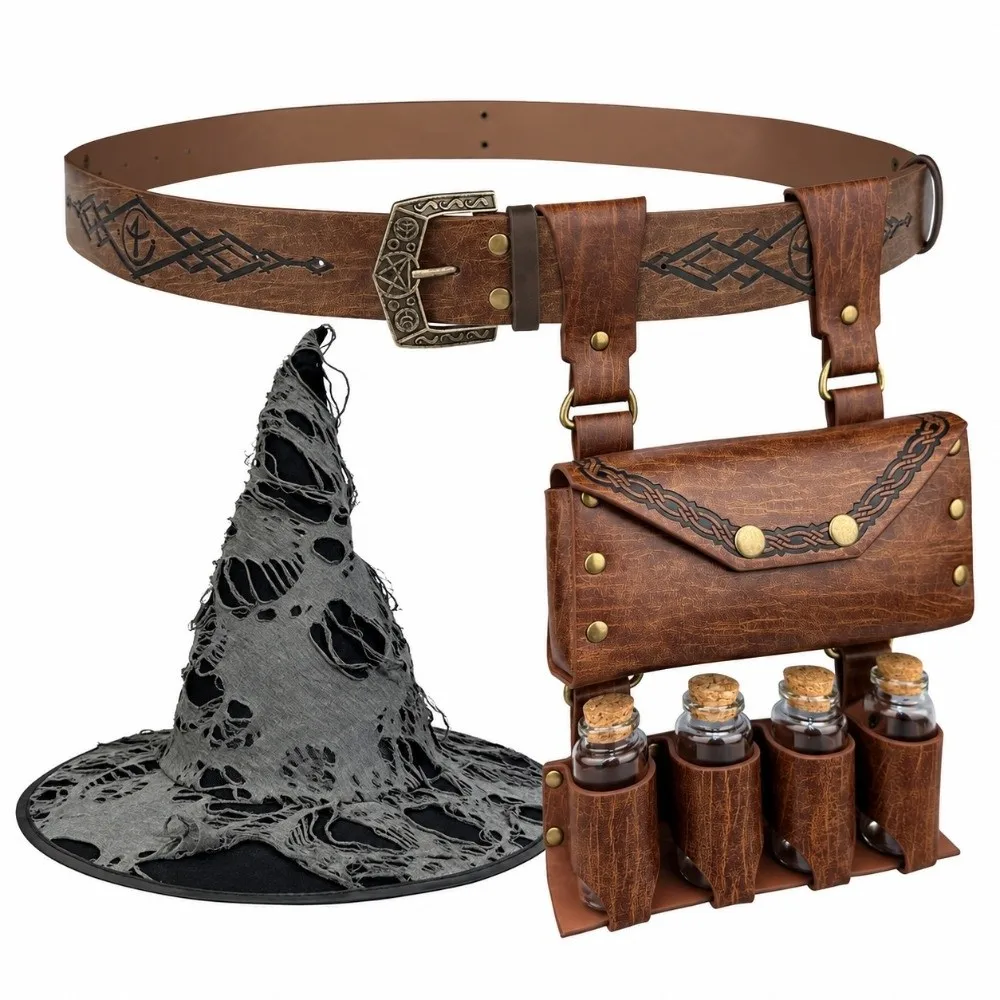 2/3/4pcs Embossed Medieval Wizard Cosplay Set Fantasy Vintage Viking Renaissance Waistband PU Knight Waist Bag Belt Halloween