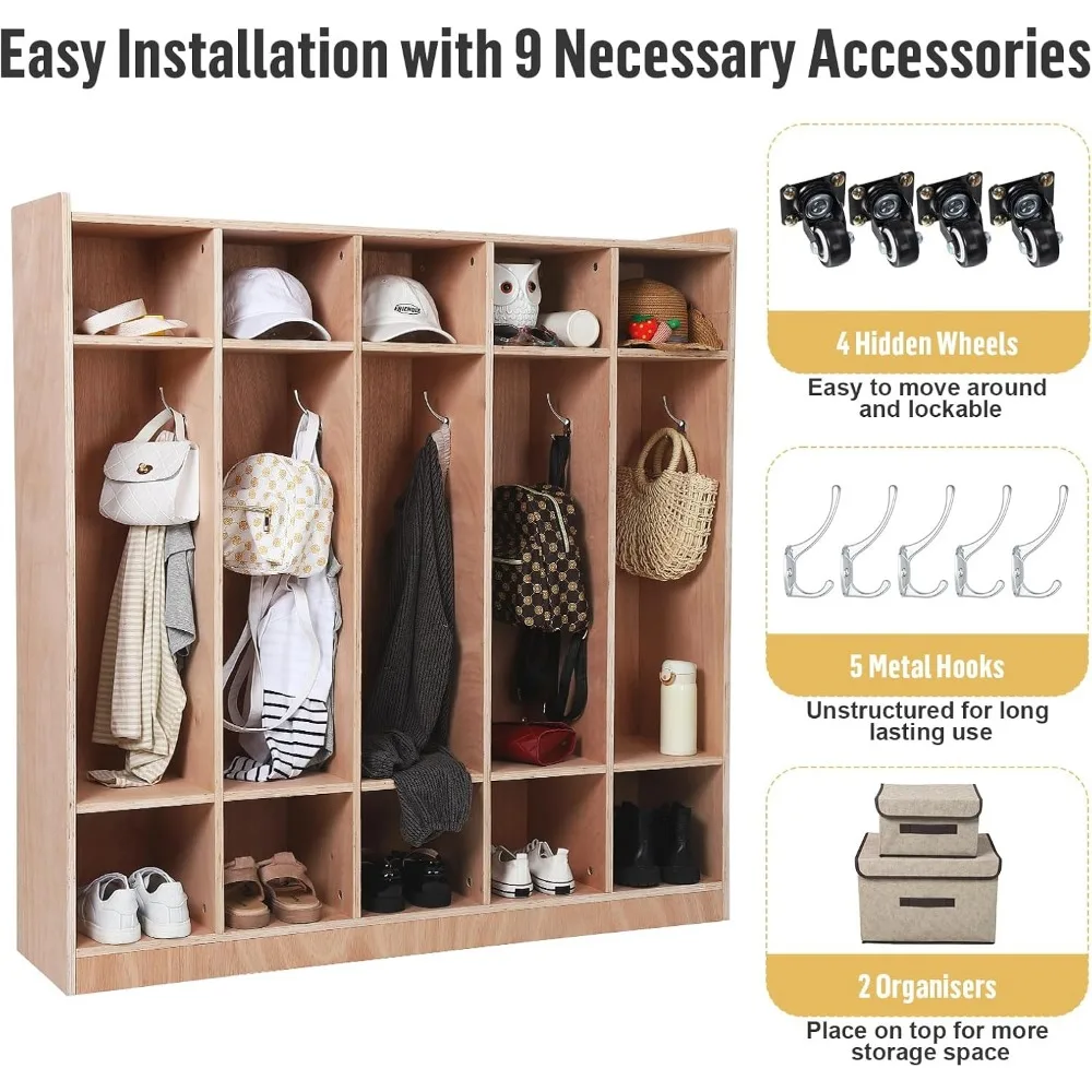 خزانة معطف للفصل الدراسي مكونة من 5 أقسام، 10 مكعبات مع مجموعة مضادة للطرف للفصول الدراسية، حجرة رعاية نهارية مع 4 عجلات، 5 خطافات و2 ش #6