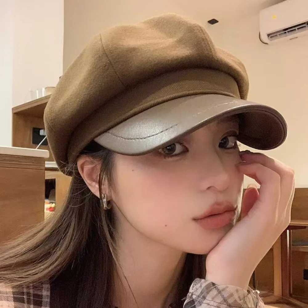 Solid Color Women's Duck Tongue Beret Breathable Warm Retro Painter Octagonal Hat with Leather Strap Windproof
