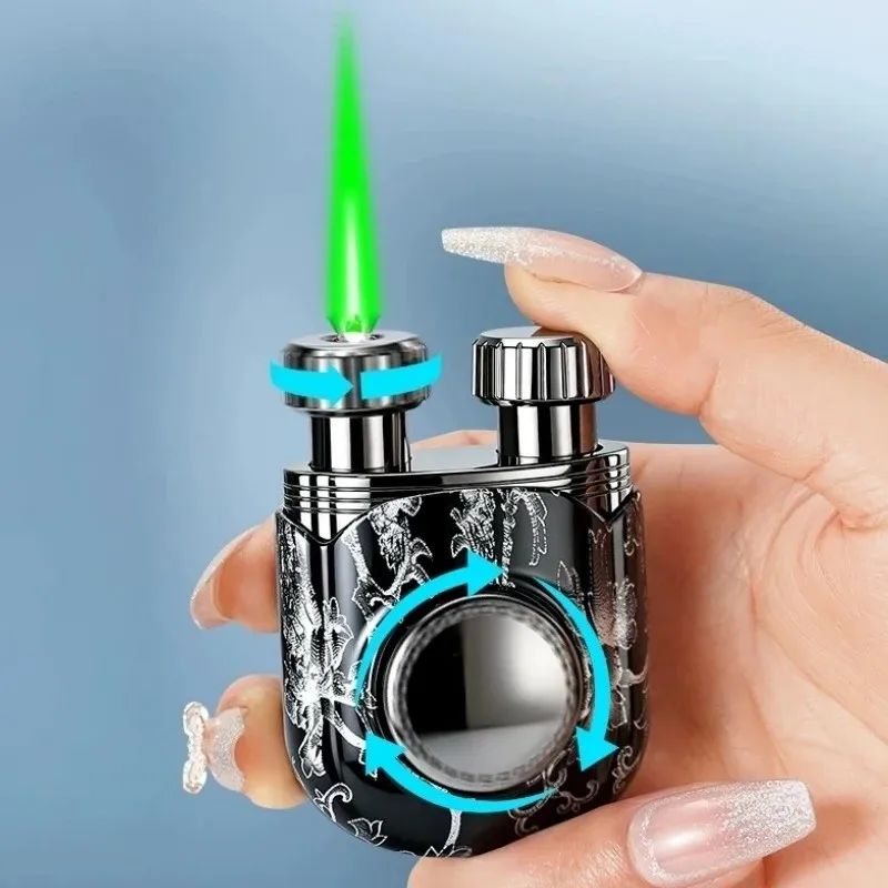 New Three Rotating Fingertip Toy Top Direct Charge Windproof Metal Lighter Inflatable to Send Boyfriend Trendy Play Lighter