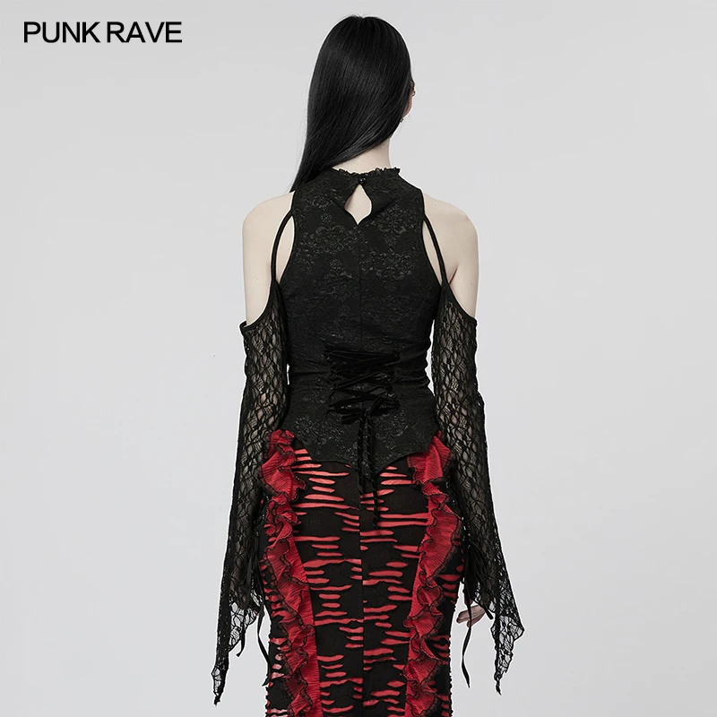 PUNK RAVE Women's Gothic Lace Top, Black Polyester Elastane Cold Shoulder T-shirt with Lace-Up WT758
