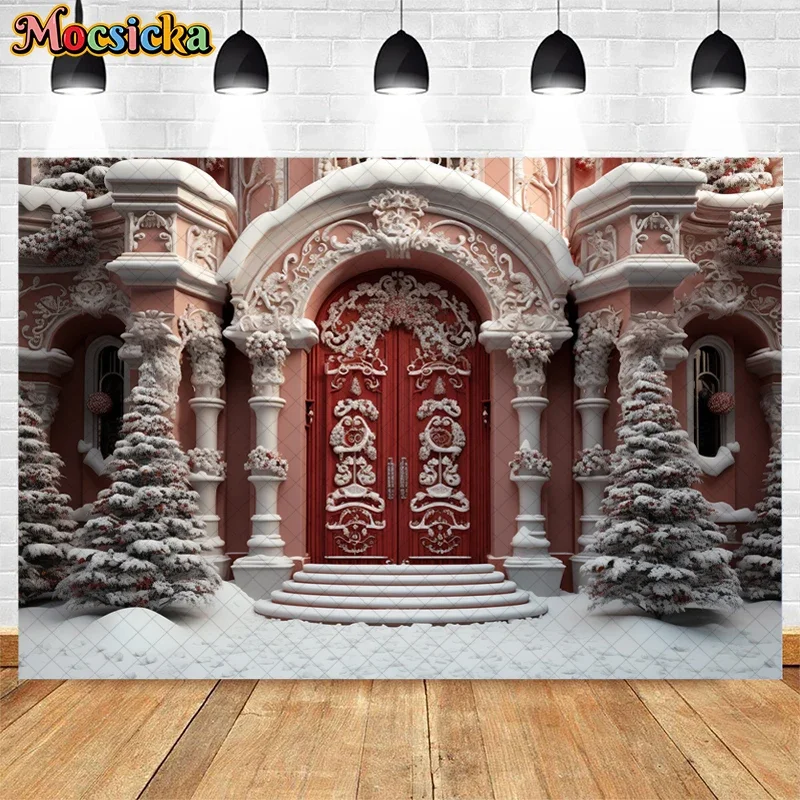 Mocsicka Photography Background Winter Christmas Red Wood Door Candy Xmas Party Kids Family Portrait Decor Backdrop Photo Studio