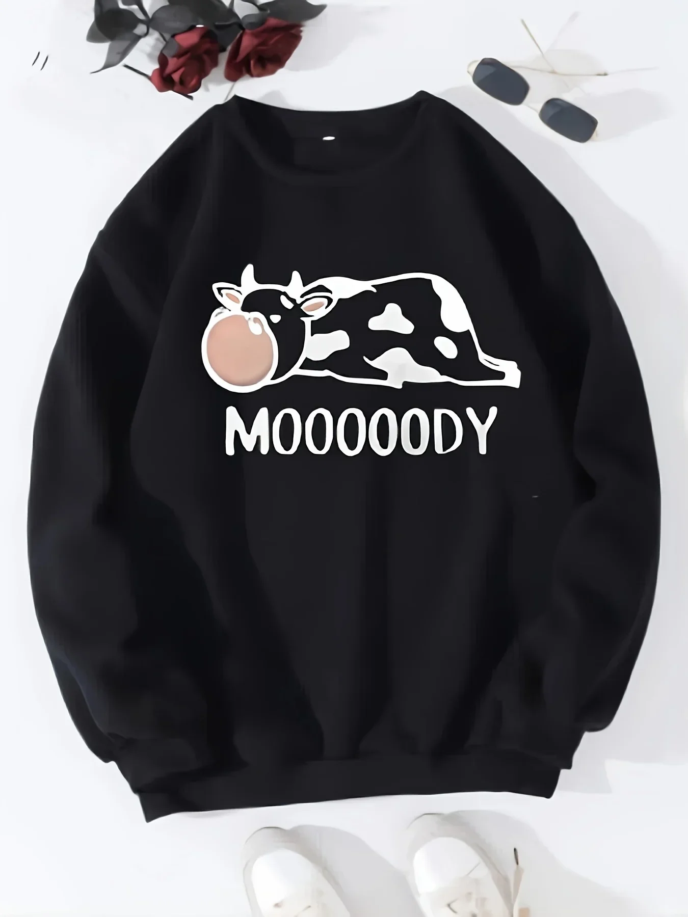 Sweat-Shirt à Manches sulfet Col Rond avec Lettres Imprimées de Vache, Dessin Animé, Amusant, Kawaii, Décontracté, Melon al Harajuku, Streetwear, Automne