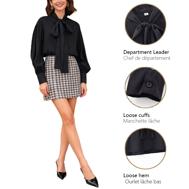 Schickes Hemd mit Stehkragen und Stehkragen für Damen, S-Bluse aus Chiffon mit Laternenärmeln, einzigartiges Design und großer Schleife, Boutique-Pendler-Top