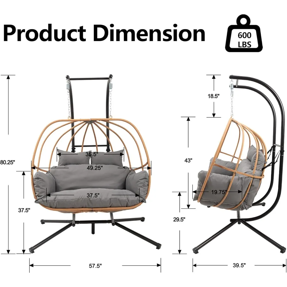 كرسي أرجوحة على شكل بيضة لشخصين في الهواء الطلق مع وسائد، كرسي سلة معلق من الروطان المقلد للاسترخاء #2