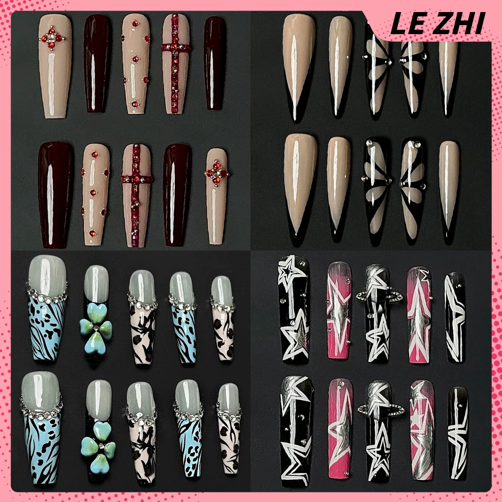 

10Pcs Y2K Dark Wind Handmade Nail Party Sticker Metal Punk Diamond Leopard Print Long Coffin Stiletto Detachable Fake Nails Tips