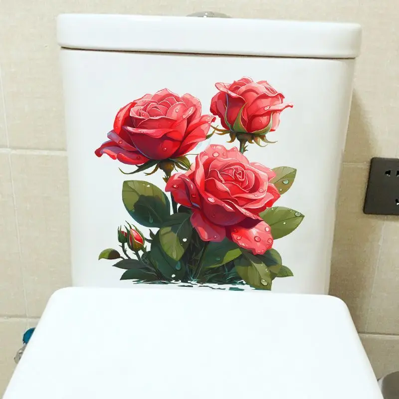 

Bouquet of Red Roses Hand-painted Bathroom Decoration Stickers Waterproof Toilet Stickers Self-adhesive Decals S210