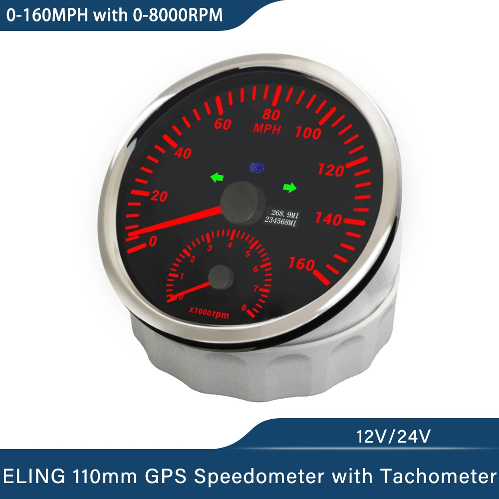 ELING 110mm GPS Speedometer 0-120MPH 0-200km/h with 0-8000RPM Tachometer with Red Backlight for Car Yacht Van Boat 12V 24V