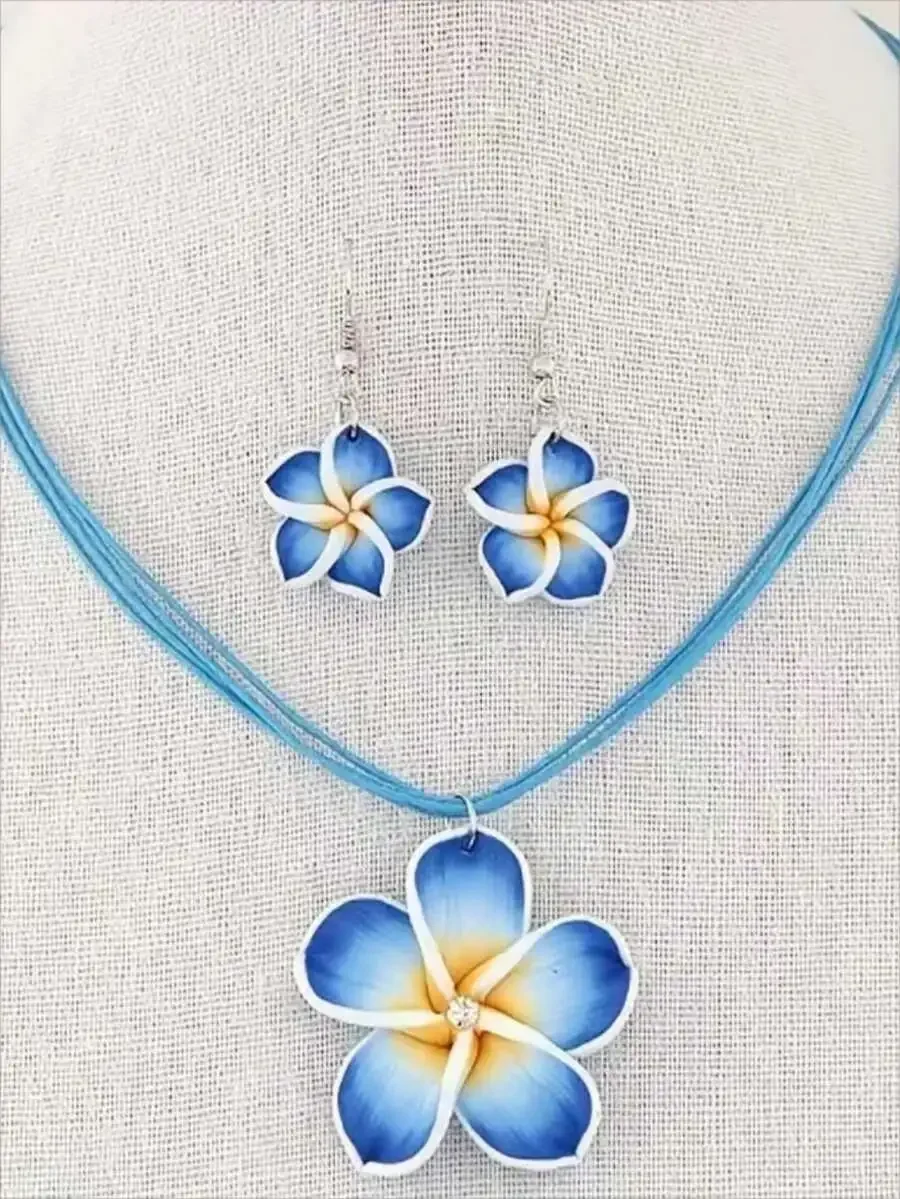 Conjunto de collar y pendientes de cordón de cera con flores de arcilla suave, elegantes y a la moda, 3 piezas, adecuado para uso diario de mujeres, San Valentín, para mamá