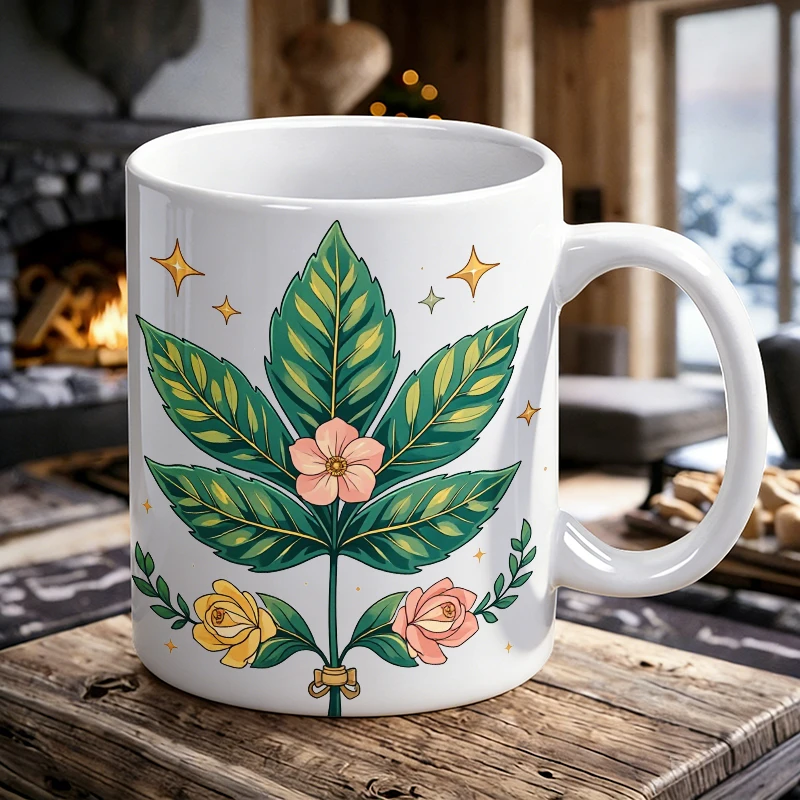 

11oz Botanical Leaf & Rose Print Ceramic Mug Cottagecore Floral Coffee Cup, Milk Cup, Office Tea Cup, Gift for Friends