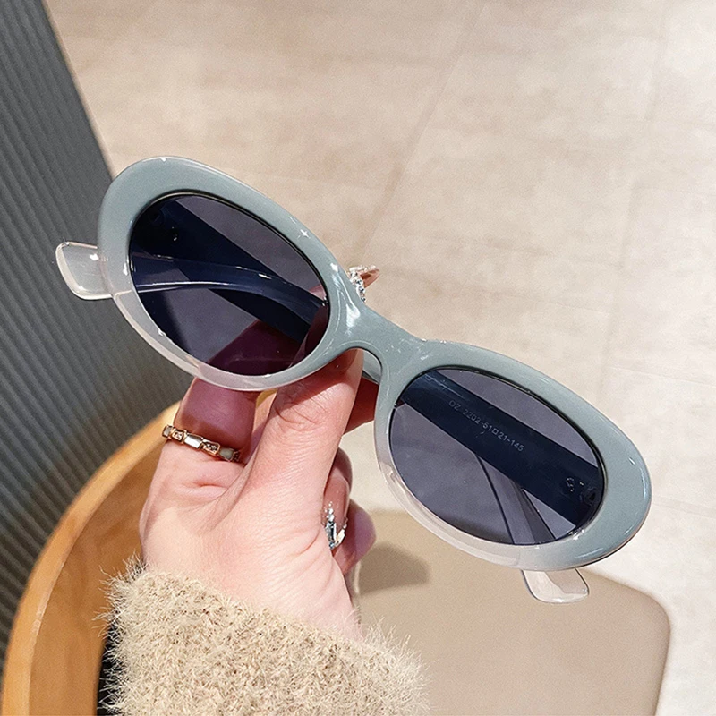 Popular Fashion Oval Sunglasses Women Retro Ellipsoid Decoration Brand Designer Men Cat Eye Blue The Same As Jennie Sun Glasses