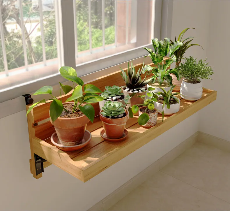 Railing flower stand hanging succulent potted plant folding anti-corrosion wood hanging flower pot shelf solid wood window sill