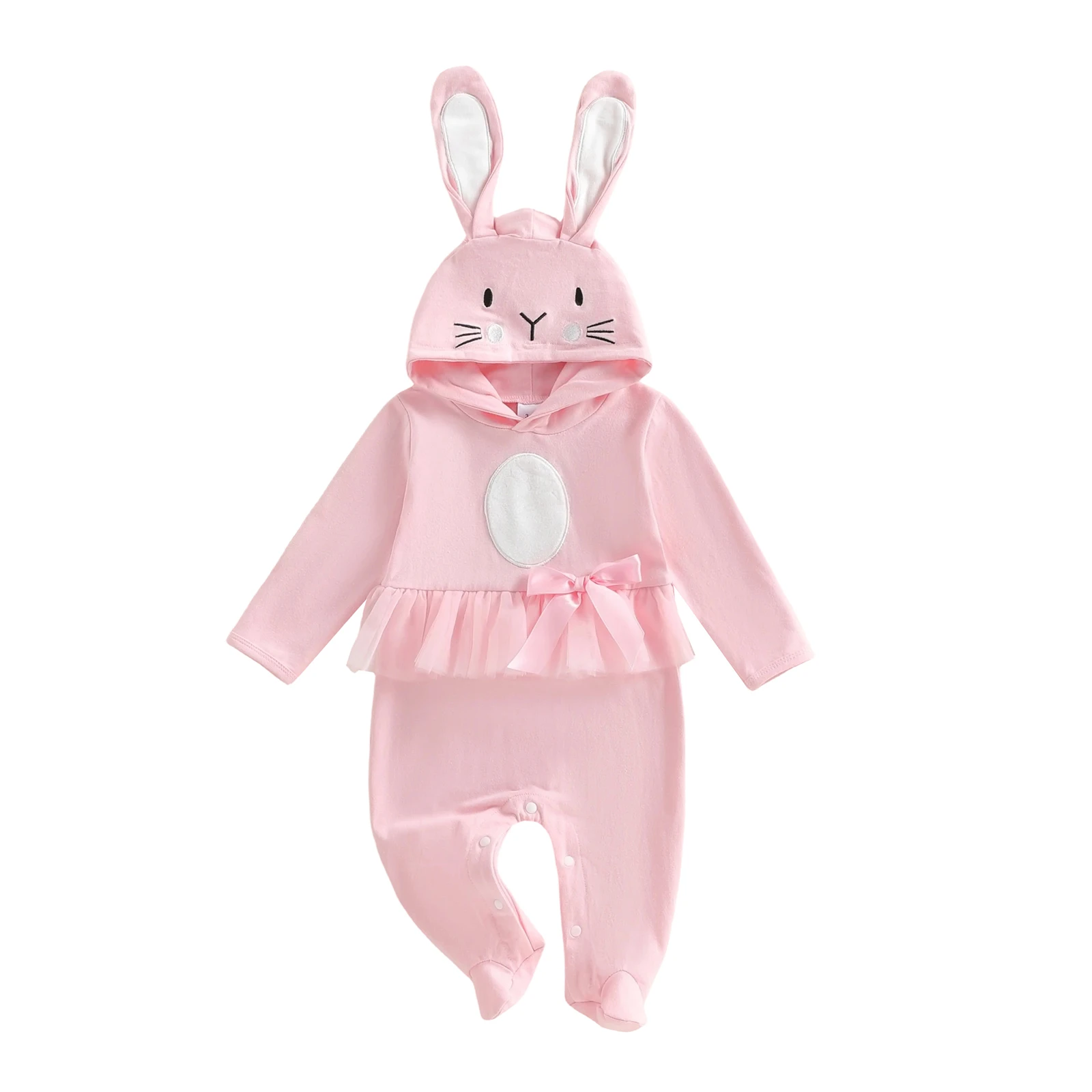 

Baby Girl Easter Romper Long Sleeve Bow Front Footie Jumpsuit Infant Bunny Costume