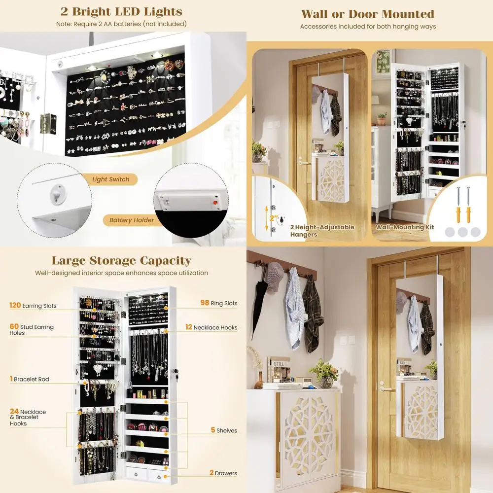 

Over-the-Door White Jewelry Armoire with Full-Length Mirror, LED Lights, Lockable Storage, and 2 Drawers