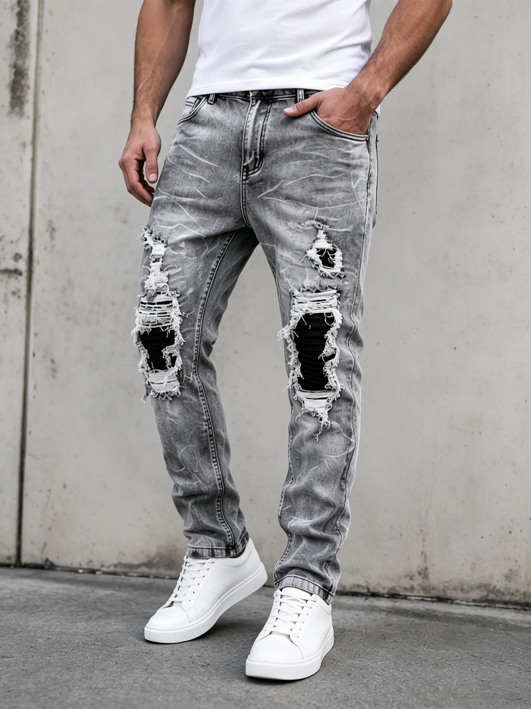 High Stretch Vintage Men's Texture Skinny Slim fit Denim Jeans Ripped Patchwork Raw Edge Destroyed Hip Hop Elastic Casual Pants