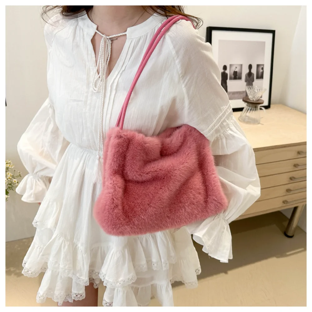 Women Fluffy Shoulder Bag Top-handle Bag 2024 New Fashion Female Autumn Winter Handbag Soft Plush Tote Versatile Shopping Bags