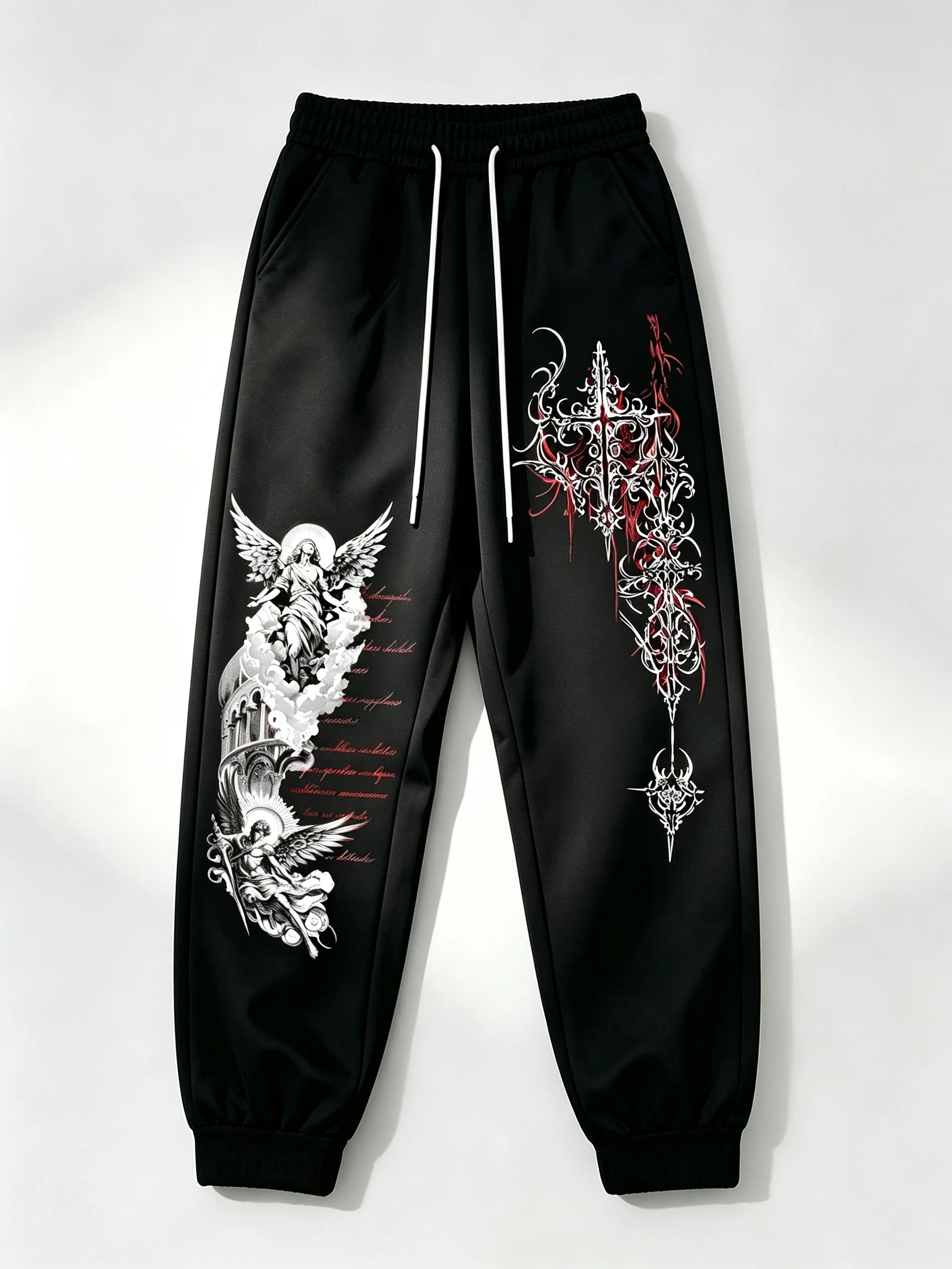 2627 Unisex New Jogger Sweatpants Gothic Angel Cross Print Loose Trousers Dark Streetwear Y2K Casual Long Bottoms Autumn Winter