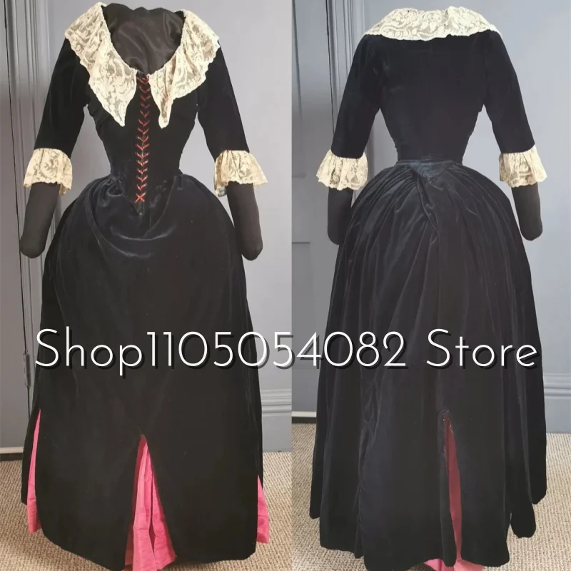 Customized Medieval Victorian Black Ball Gowns Round Neck Velvet Lace Trimmed A-Line Pleated Hem Court Evening Dresses dress