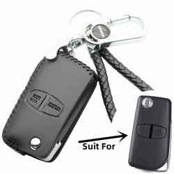 FLYBETTER Leather 2Button Car Key Protector Cover For Mitsubishi Pajero Grandis Outlander Lancer-EX Key Case With Keychain