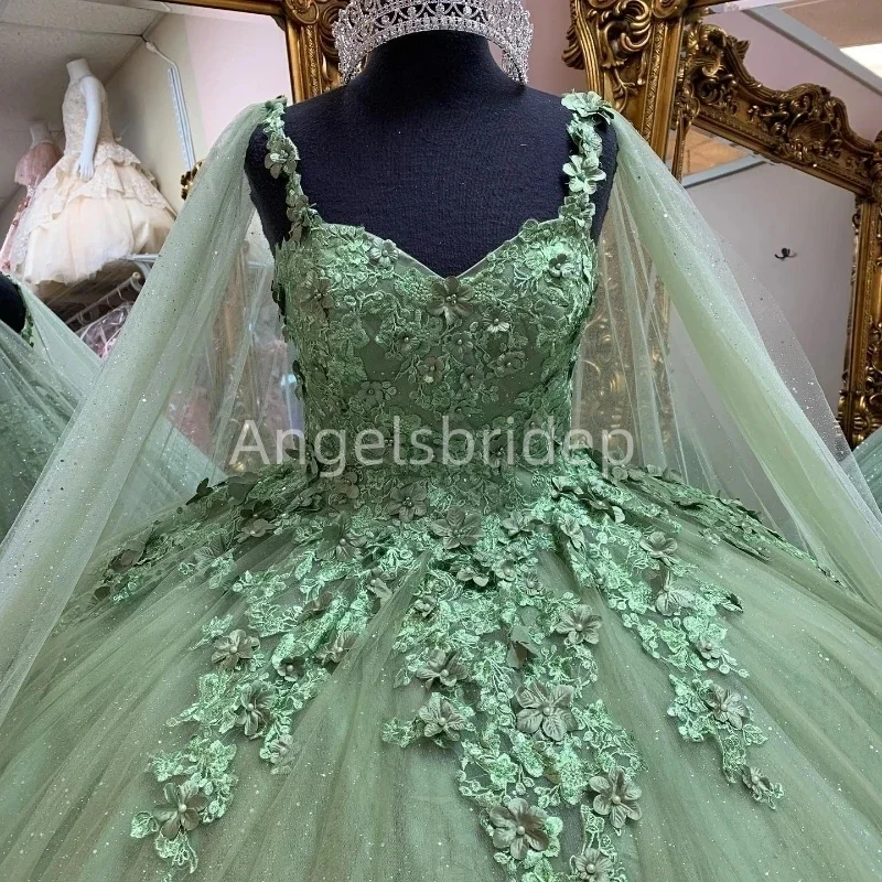 Зеленое бальное платье Angelsbridep с изображением шалфея, платья для Quinceanera, для выпускного вечера, ярко-зеленое платье для вечеринки с объемной цветочной накидкой