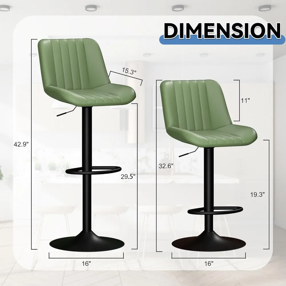 Set of 4 Swivel Adjustable Leather Bar Stools, Green, for Kitchen Island Counter Height