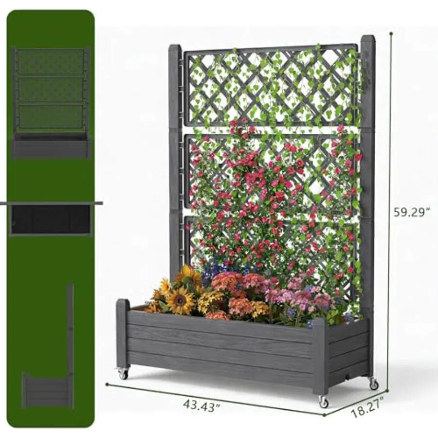 Elevated Raised Garden Bed with Trellis, 21 Gallon Self-Watering Outdoor Resin Planter Box with Lockable Wheels Drain Plug and