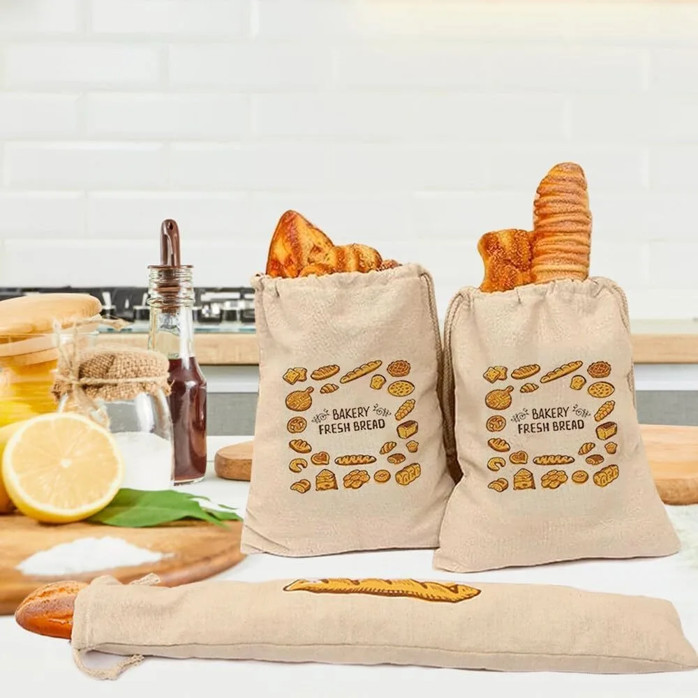 Bolsas de pan de lino y algodón, bolsa de almacenamiento de alimentos con cordón reutilizable, bolsa de Baguette, embalaje de pan casero