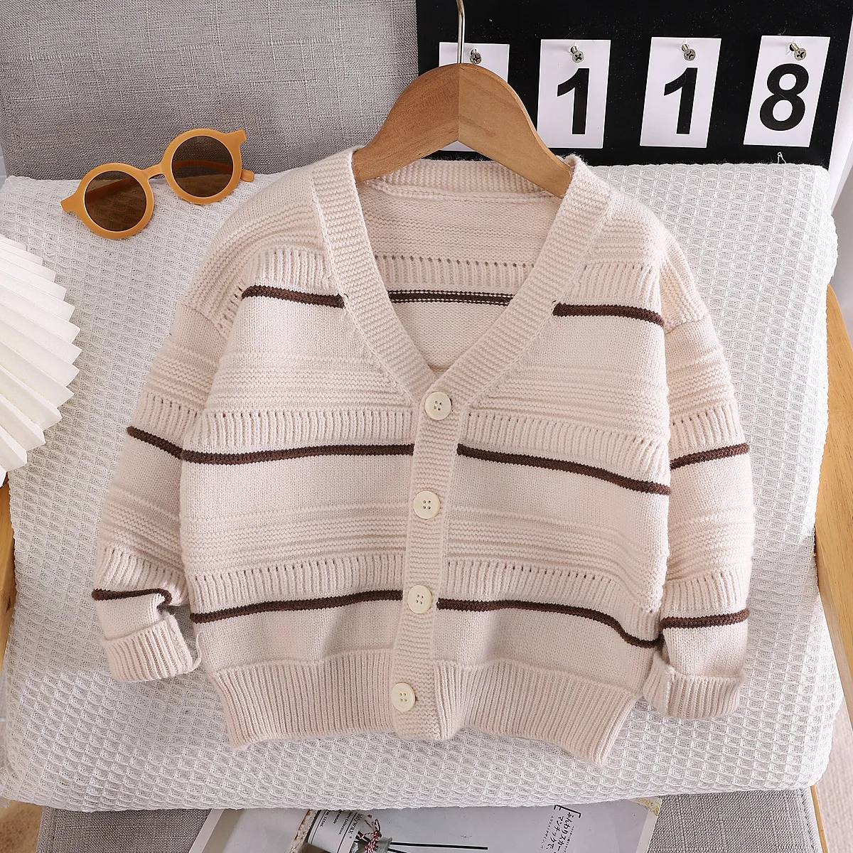 Children's sweater cardigan lazy style Korean version autumn outfit men's and women's treasure Western style striped thick needl