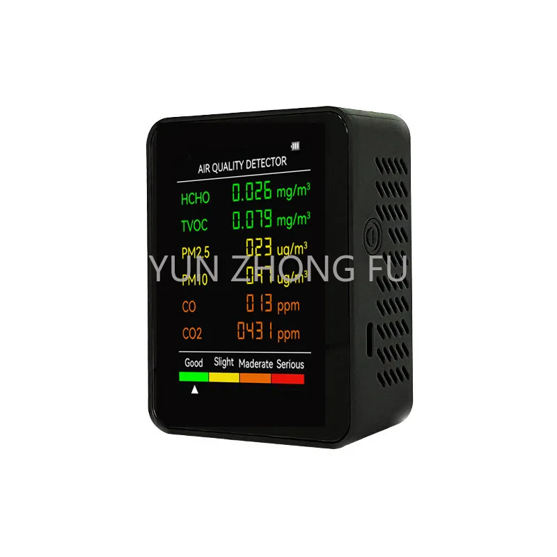 

6-in-1 air quality detector PM2.5 PM10 HCHO TVOC CO CO2 formaldehyde detection LCD screen