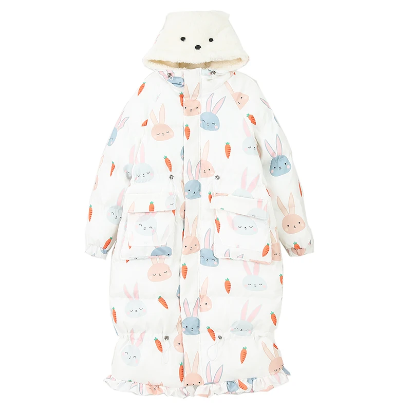 2025 겨울 신상 귀여운 토끼 귀 다운 재킷 여성용 두꺼운 양털 혼방 롱 패딩 코트