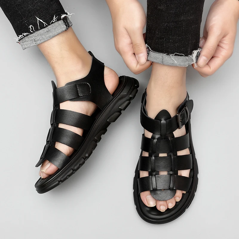 남성용 디자이너 여름 샌들, 로마 한국 영국 샌들, 야외 캐주얼 해변 남성 신발 부츠, 정품 가죽 2022