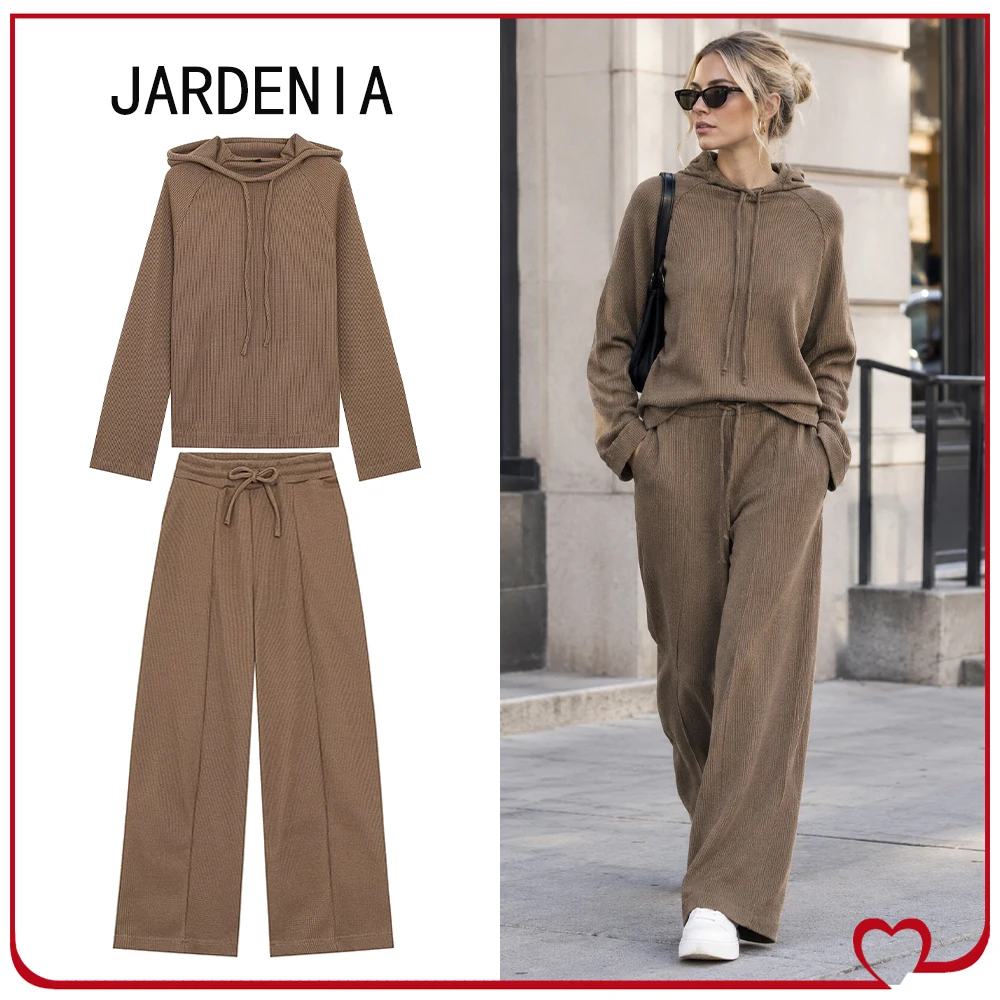 Autumn Waffle Pant Sets for Women Casual Brown Taupe 2 Piece Set Waffle Hooded Sweatshirt Matching Tonal Mid-rise Wide Leg Pants