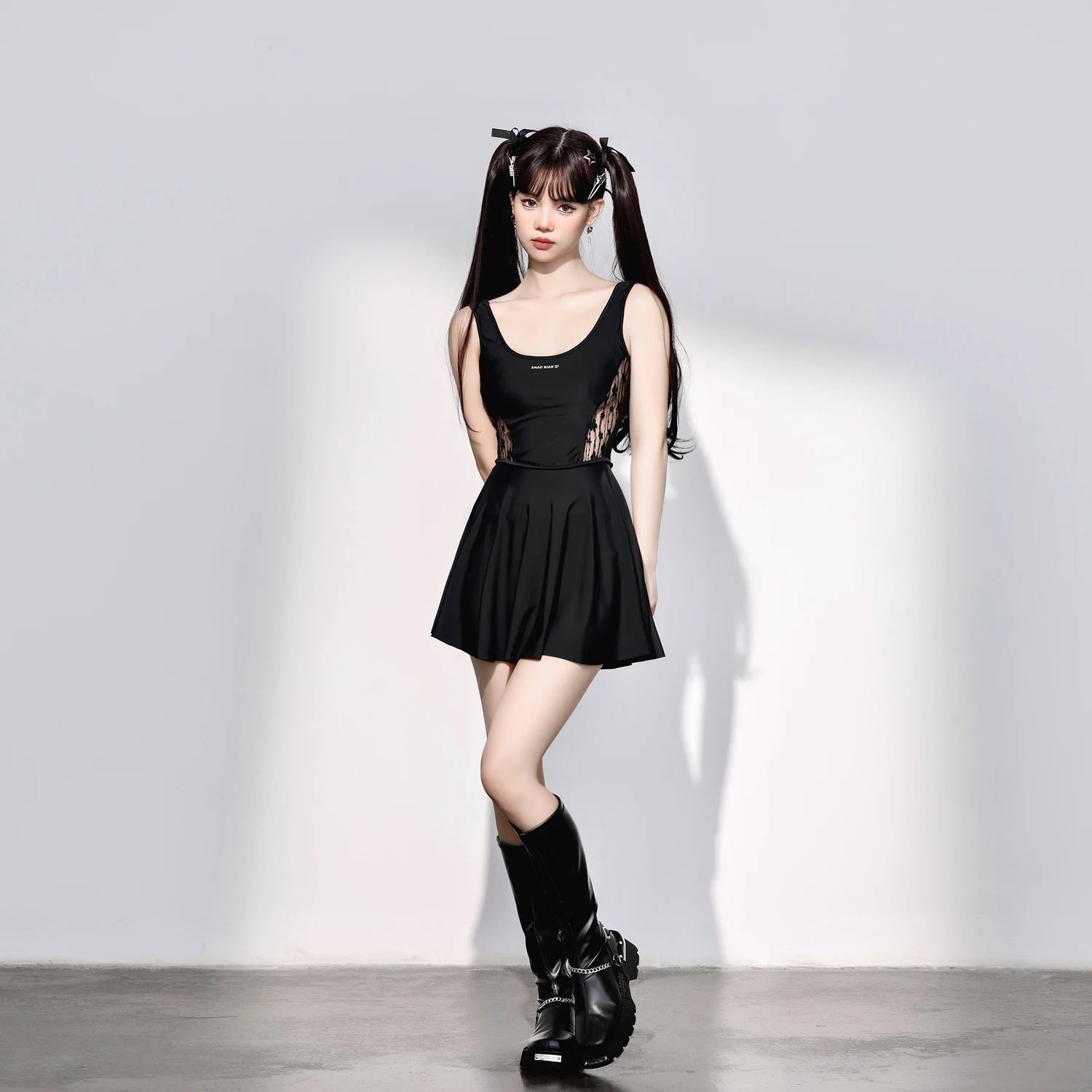 New Black Sports Conservative Leisure Dress Swimsuit Girls Elegant Gauze Splicing Beach Seaside Vacation Simple Vest Swimwear