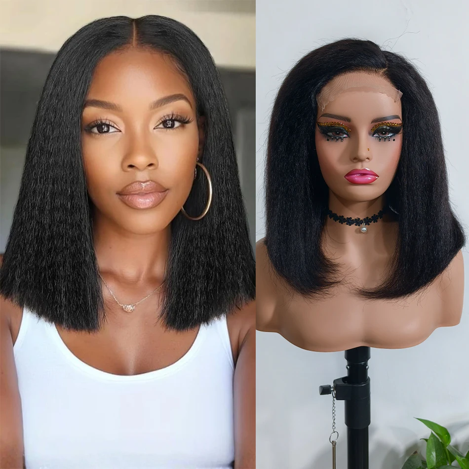 100% Human Hair Bob Kinky Straight Wigs Glueless PrePlucked PreCut 250% Density 4C Afro Yaki Straight Hair 5X5 Lace Closure Wigs