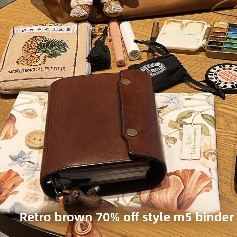 Retro Brown M5 Handmade Leather Binder Three-fold Diary Student Travel Planning and Daily Diary Writing
