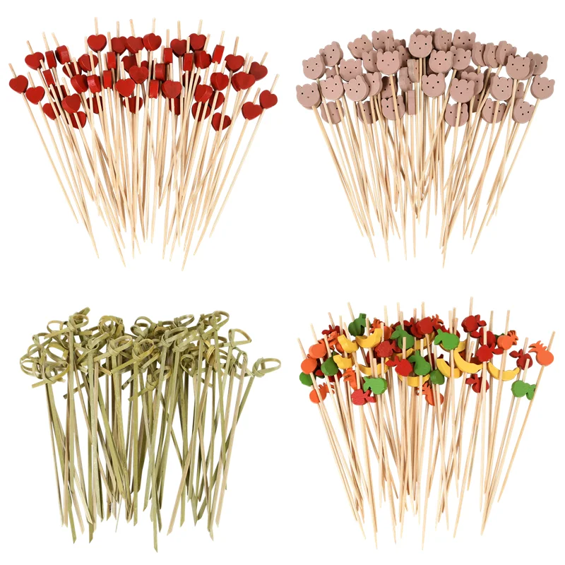 100PCS Heart Disposable Bamboo Food Fruit Toothpick Cute Bear Buffet Cake Cocktail Fruit Fork For Wedding Hawaii Party Decoation