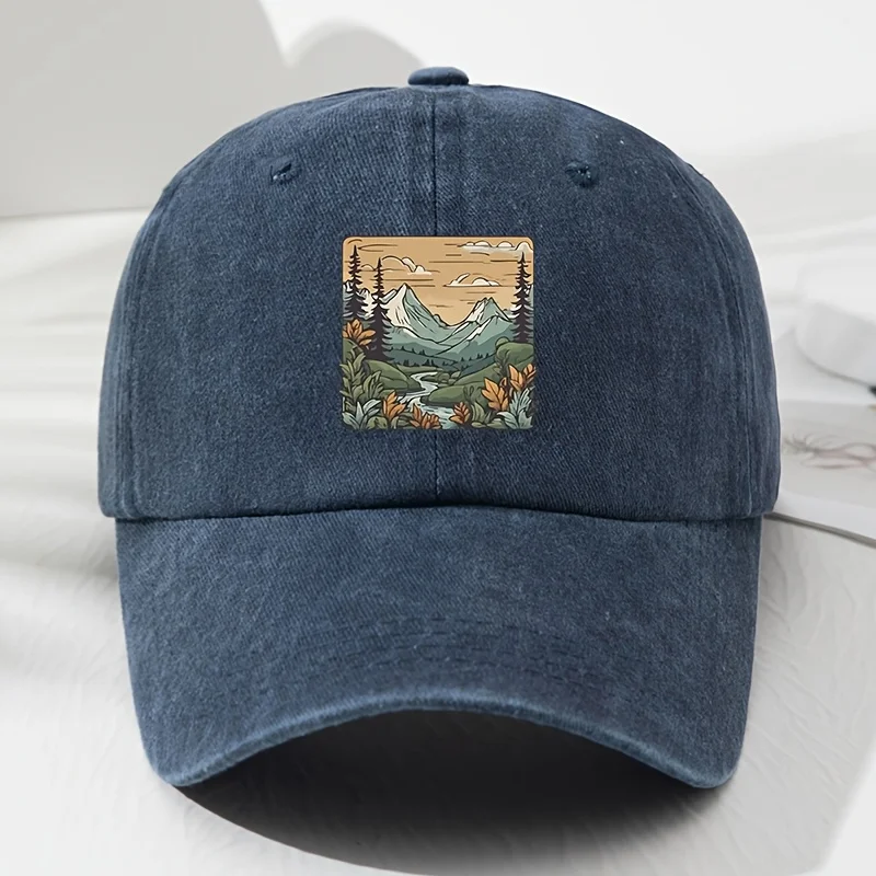 Baseball cap, landscape print, retro men's and women's fashionable outdoor hat, outdoor sports, fishing, hiking, camping