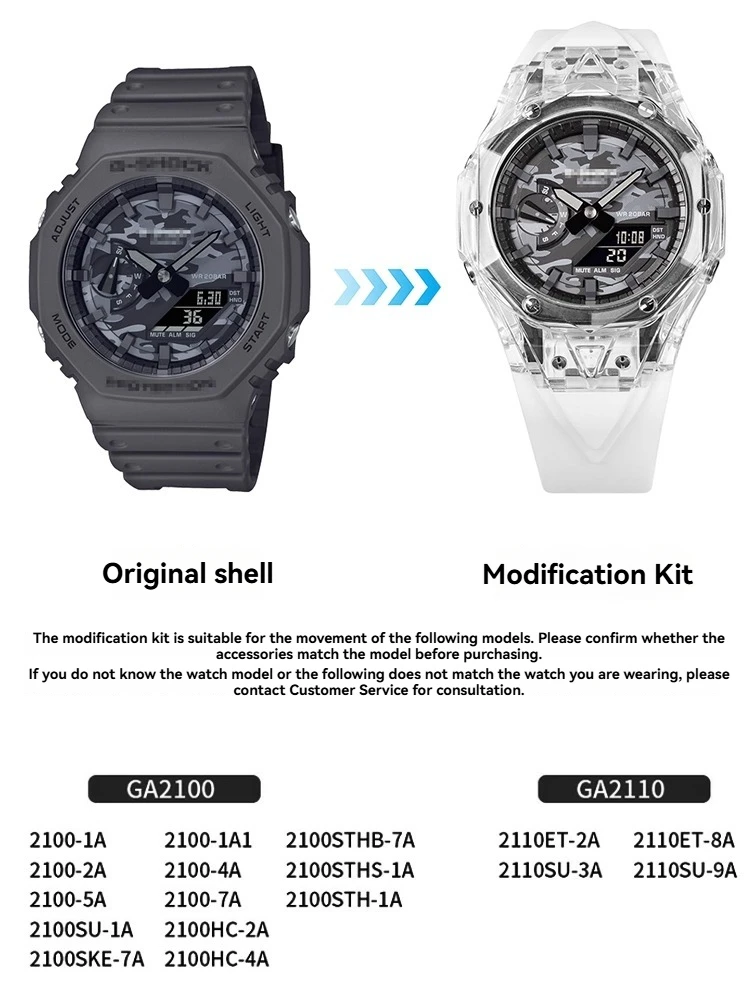 Transparent Mod Kit for G-Shock GA-2100/GAB2100 | Casioak Bezel Frame + Rubber Sport Band | DIY Custom Watch Accessories
