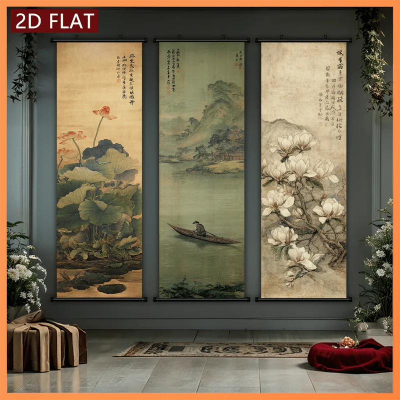 VIKAMA Chinese Lotus Landscape 3 Piece Wall Scroll Tapestry Set Oriental Wall Art Decor for Living Room Bedroom Office Home Gift
