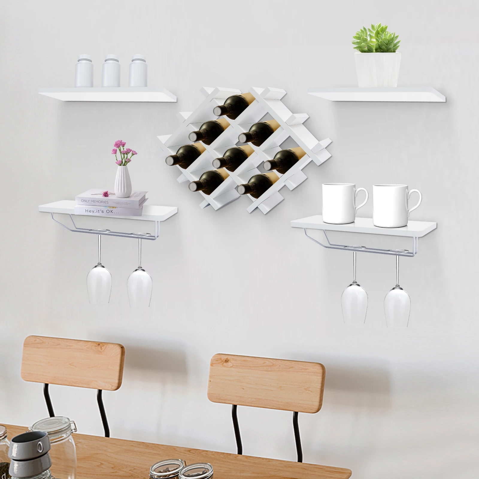 Modern White Wine Rack Hanging Bar Accessories Wall Mounted Bottle Glass Holder Shelves Home Decor Bottle Shelf