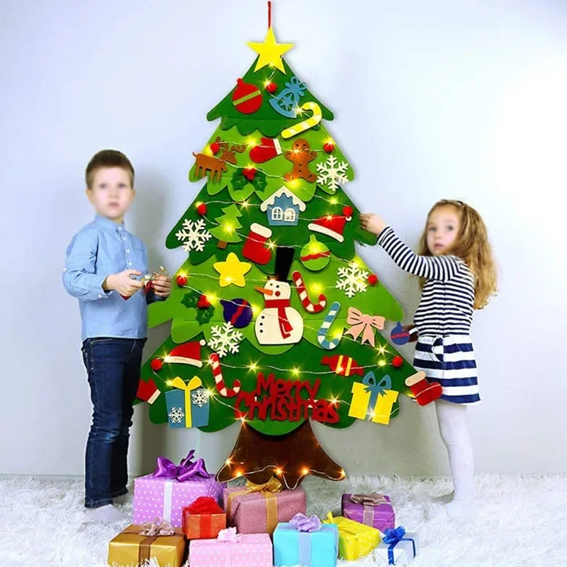 DIY Felt Christmas Tree for Toddler Feltpinetree Xmas with String Lights for Kids Montessori Toy Gift Home Decor Party Supplies