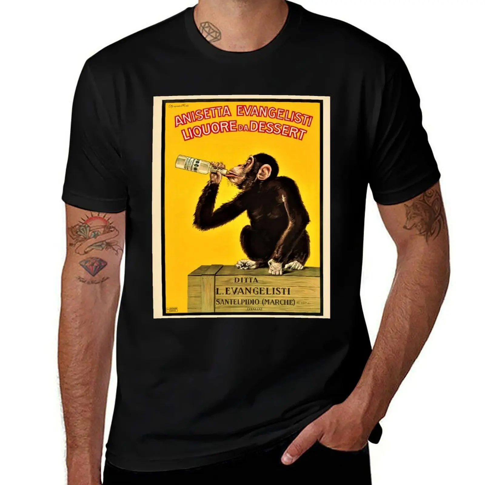 Vintage Anisetta Evangelisti Liquor Monkey Drinking Poster by Carlo Biscaretti T-Shirt kawaii clothes men clothings