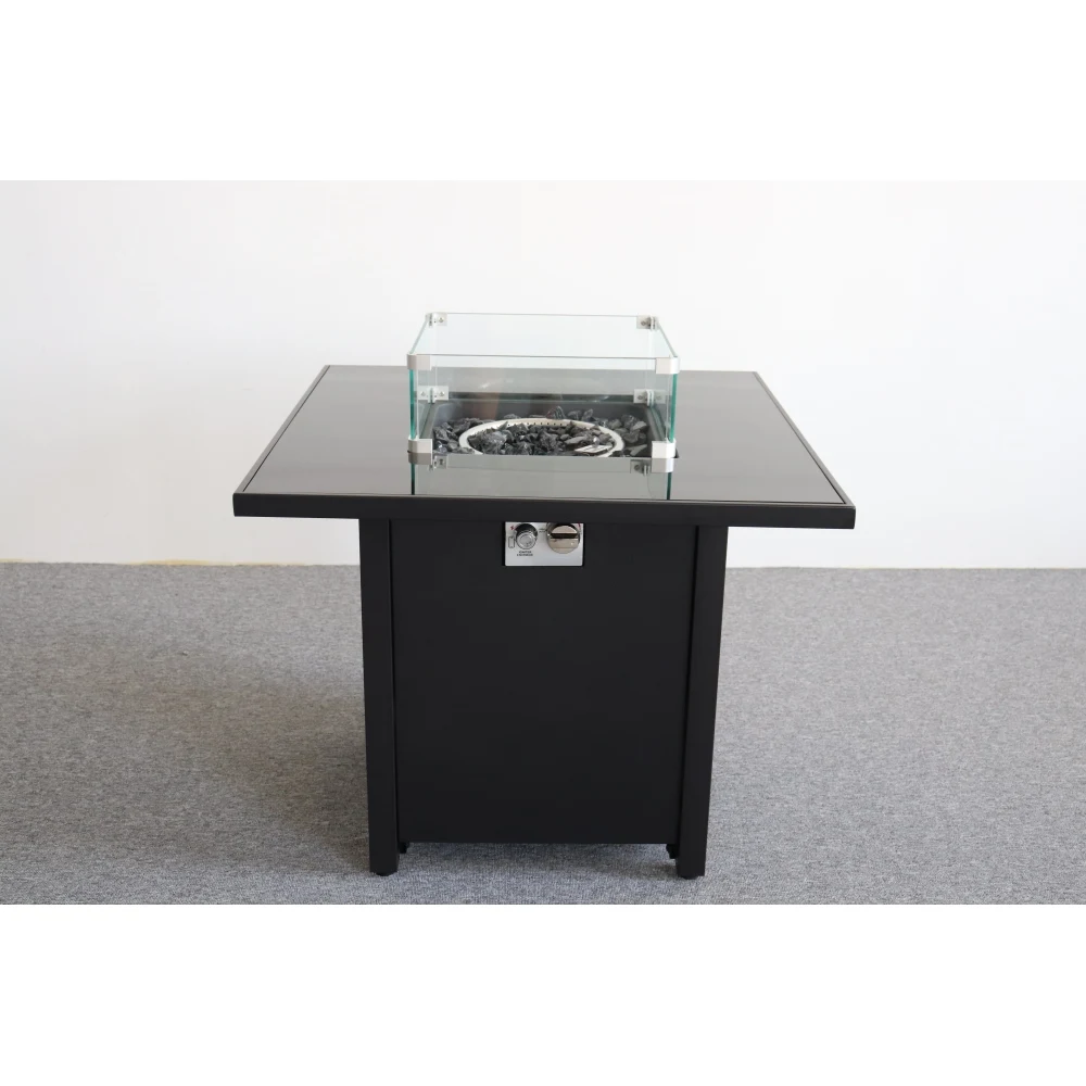 30 Black Powdercoated Metal Fire Pit With Smoked Glass Top