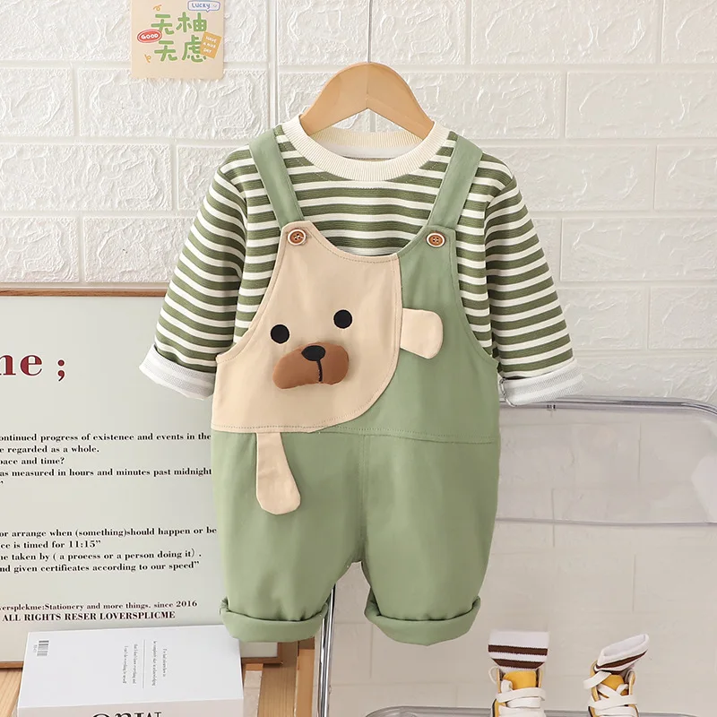 Spring Autumn Kids Boys 2PCS Clothes Set Cotton Striped Tops Cartoon Loose Suspender Pants Suit Toddler Baby Boys Outfits