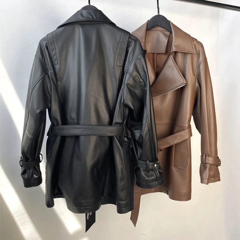 

New 2023 New Spring Autumn Women's Real Leather Long Coats Fashion Moto Biker Style Genuine Sheepskin Leather Trench Coat TF5008