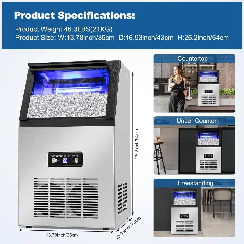 ماكينة صنع الثلج التجارية 100 رطل/24 ساعة مع وضعين لمدخل المياه، 36 قطعة مكعبات ثلج في 8-15 دقيقة، ستانلس ستيل