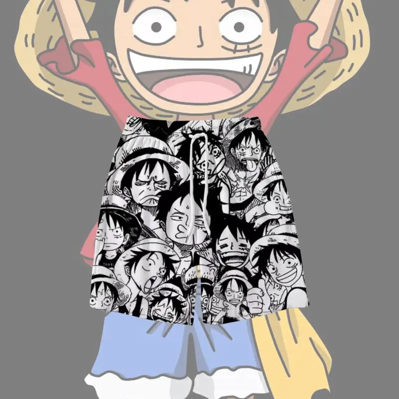 Anime One Piece Luffy Print Shorts Men Summer Quick Dry Beach Drawstring Board Student Shorts Casual Loose Home Sleeping Pants