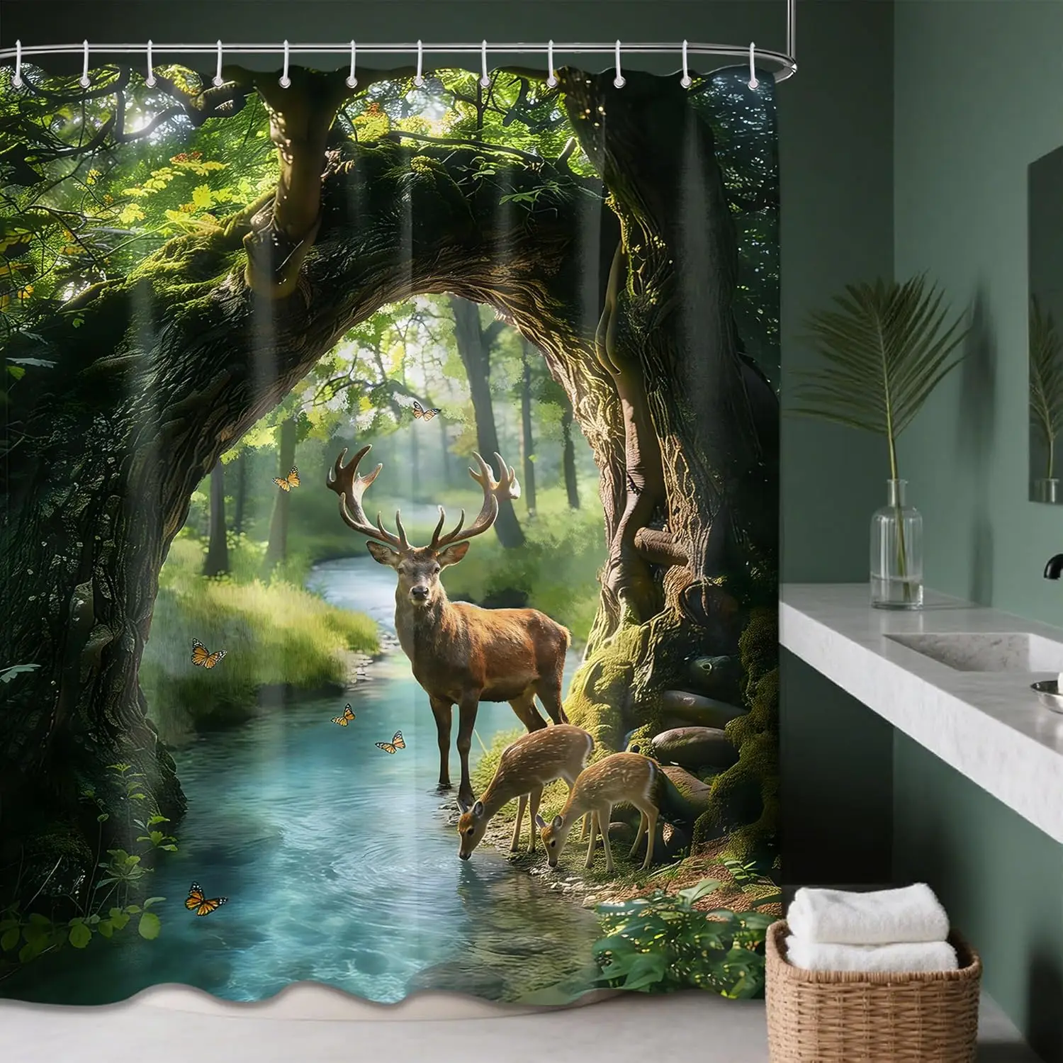

Green Forest Shower Curtain Spring Garden Deer Nature Landscape Scenic Shower Curtains for Woodland Bathroom Decor Sets