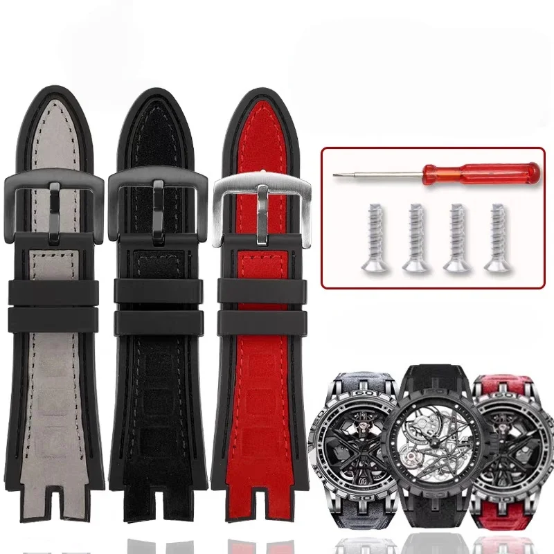 Pulseira de Substituição de Borracha para Relógio Roger Dubuis Excalibur Spider RDDBEX, em Silicone e Couro, nas Cores Vermelho, Azul, Cinza e Preto, 28mm