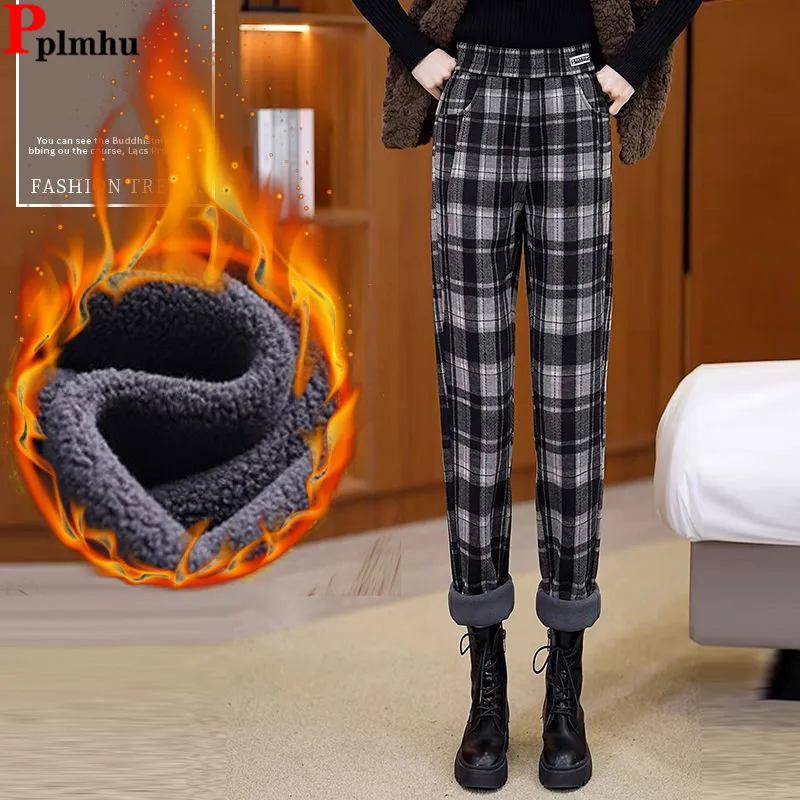 

Plaid Lambwool Lined Woolen Harem Pants Winter Elastic High Waist Elegant Ankle Length Pantalones Korea Women Vintage Spodnie